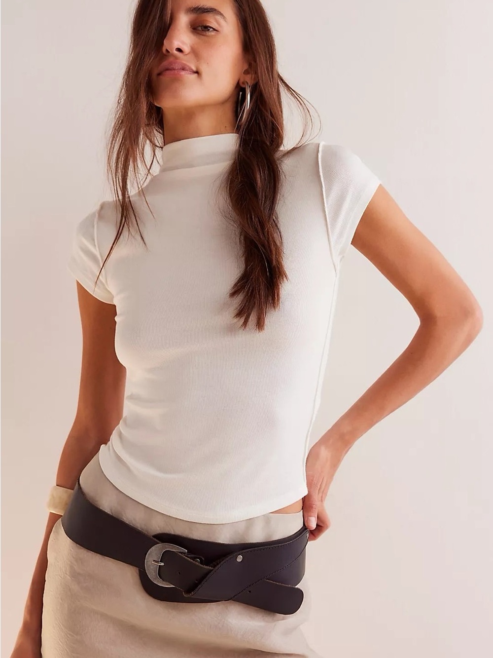 We The Free Free People Ivory Exposed Seam Cowl Neck Tee Size S
